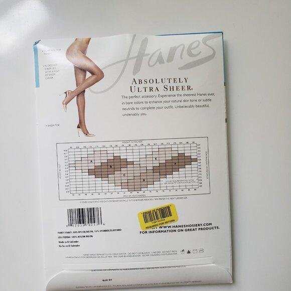 New Hanes‎ Absolutely Ultra Sheer Control Top Sheer Toe style 707 Sz E Natural - Picture 3 of 5